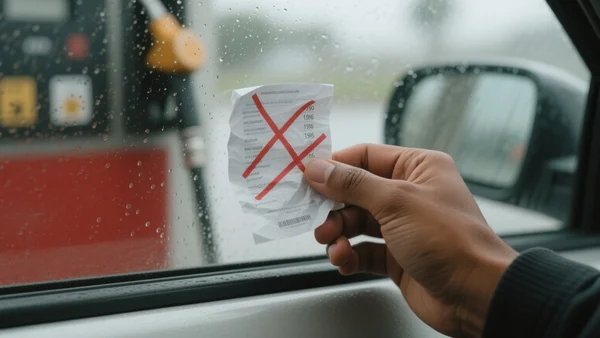 Main d'un jeune adulte tenant un reçu de caisse avec des prix barrés, à côté d'un plein d'essence à la pompe, gouttes de pluie sur le pare-brise