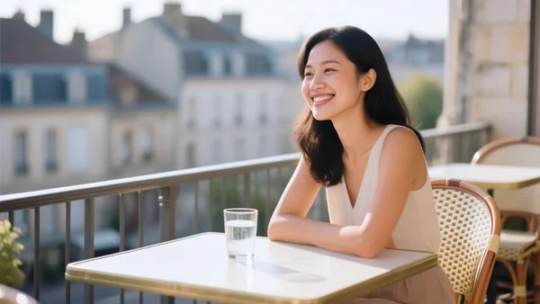 Femme souriante assise à une table de café en terrasse à Angers, verre d'eau posé devant elle, lumière douce de fin d'après-midi