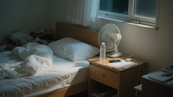 Ventilateur posé sur une table de chevet près d'un lit dans une petite chambre encombrée, lumière tamisée, draps froissés, bouteille d'eau à côté, ambiance nocturne de canicule