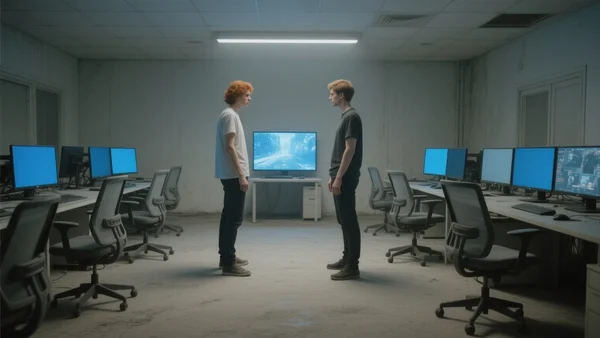 Développeurs vidéoludiques rassemblés autour d'un écran dans un open space sombre et désert, chaises vides, ambiance de bureau abandonné, lueur bleutée des écrans