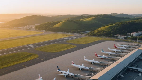 Vue aérienne de l'aéroport de Lisbonne avec des avions garés et des pistes, lumière dorée de fin d'après-midi, collines verdoyantes en arrière-plan