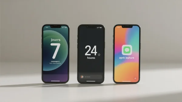 Chronologie visuelle de trois téléphones alignés montrant l'évolution des options de disparition : 7 jours, 24 heures, et maintenant 'après lecture', fond clair