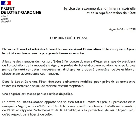Communiqué du préfet du Lot-et-Garonne condamnant les menaces contre la mosquée d'Agen.