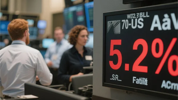 Gros plan sur un écran de trading à Wall Street affichant le rendement du Trésor américain à 30 ans à 5,2%, chiffres rouges vifs, fond de salle des marchés flou avec traders en chemise