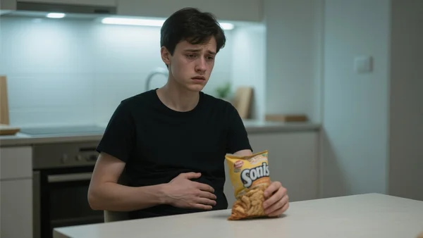 Jeune adulte assis à une table de cuisine, une main posée sur le ventre, l'autre tenant un paquet de snacks, expression soucieuse, lumière froide d'intérieur, composition serrée