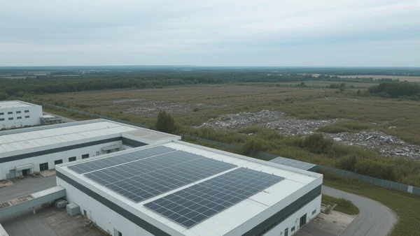 Vue aérienne d'un paysage industriel français avec une usine moderne, des toits solaires et une friche industrielle en arrière-plan, ciel nuageux, tons gris et bleus
