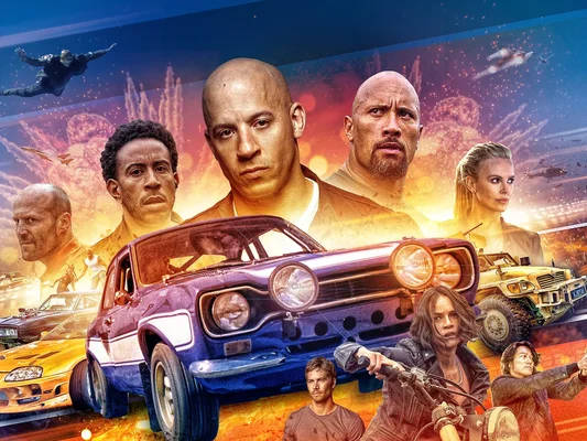 Affiche de Fast & Furious Presents: Hobbs & Shaw avec Dwayne Johnson, Jason Statham, Idris Elba et Vanessa Kirby.