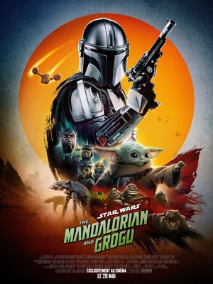 Affiche numérique de Star Wars: The Mandalorian and Grogu, mettant en scène un Mandalorien en armure argentée et Grogu.