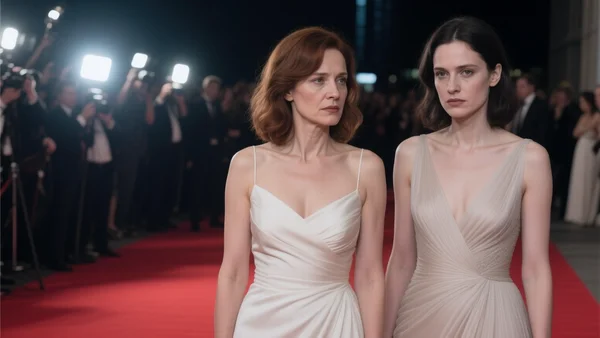 Juliette Binoche et Adèle Haenel, visages graves, marchant côte à côte sur un tapis rouge de festival, flashs de photographes, robes élégantes, ambiance tendue