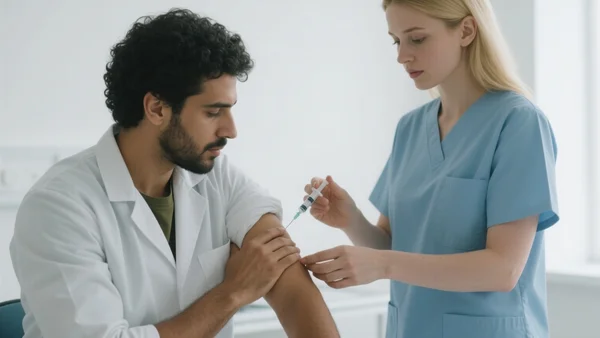 Un médecin en blouse blanche se faisant administrer un vaccin contre la grippe par une infirmière dans un cabinet médical lumineux, plan rapproché sur le bras et la seringue