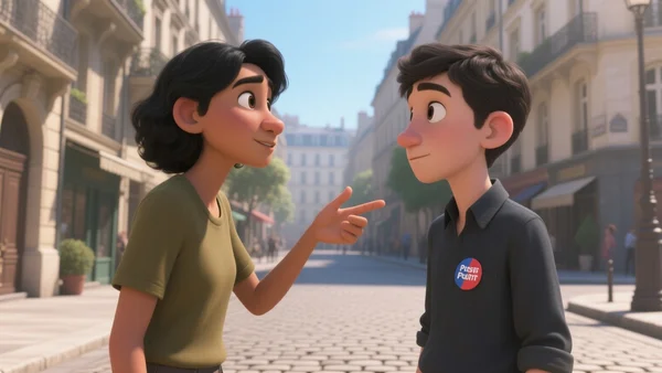 Groupe de jeunes adultes discutant animément dans une rue piétonne française, certains avec des badges politiques, lumière du jour et architecture urbaine en arrière-plan