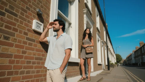 Thermomètre extérieur affichant 33,5°C devant une rue londonienne avec des passagers en tenue légère, ciel bleu et immeubles en brique en arrière-plan