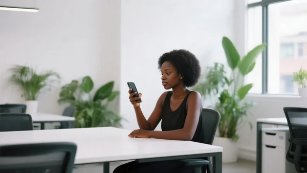 Jeune femme africaine utilisant un smartphone dans un espace de coworking moderne à Nairobi, murs blancs, plantes vertes, lumière naturelle
