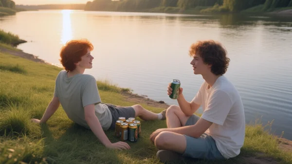 Groupe de jeunes assis au bord d'une rivière avec des canettes de bière à côté, ambiance festive et insouciante, lumière dorée de fin d'après-midi, vue large sur l'eau calme