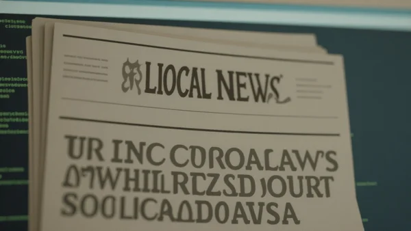 Capture d'écran d'un article de faux site d'information locale, avec un titre accrocheur en grosses lettres, un logo de journal générique en haut, et un fond d'écran d'ordinateur affichant du code informatique flou en arrière-plan