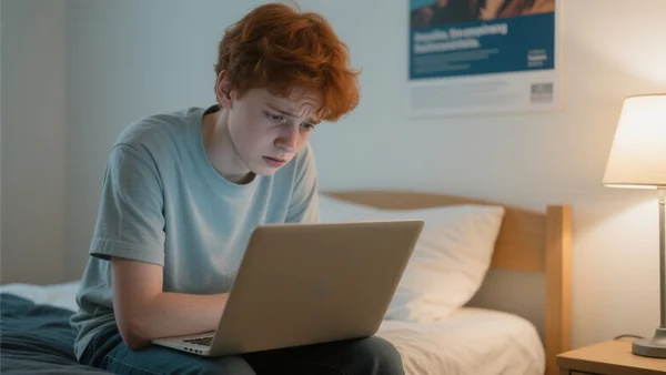 Premier plan d'un jeune étudiant assis sur un lit dans une chambre étudiante, ordinateur portable ouvert, affiche au mur, expression préoccupée, éclairage doux de lampe de chevet