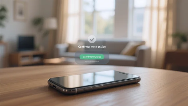 iPhone posé sur une table, écran affichant une interface de vérification d'âge avec un bouton 'Confirmer mon âge', fond flou d'un salon lumineux