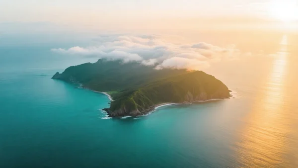 Vue aérienne de l'île de Taïwan avec des nuages légers au-dessus, mer turquoise autour, lumière dorée du coucher de soleil