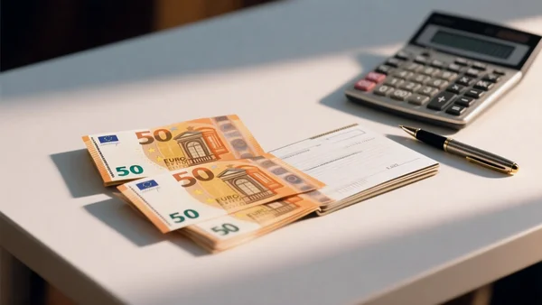 Gros plan sur un chéquier et des billets de 50 euros posés sur une table, à côté d'une calculatrice et d'un stylo, éclairage chaleureux