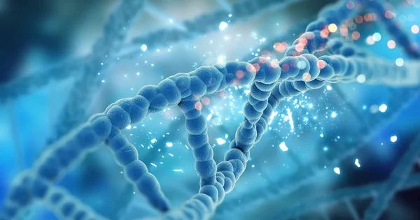 Représentation stylisée d'une double hélice d'ADN en bleu, avec des effets lumineux et un arrière-plan flouté.