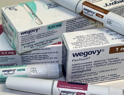 Différents conditionnements de Wegovy, médicament anti-obésité de Novo Nordisk.