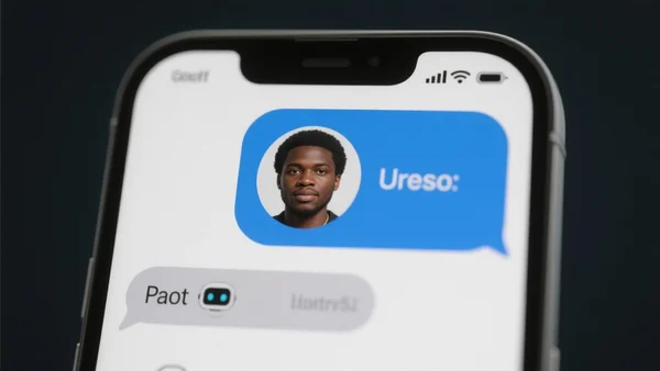 Capture d'écran d'une conversation entre un chatbot et un utilisateur, bulles de dialogue bleues et grises, interface de messagerie épurée, fond sombre