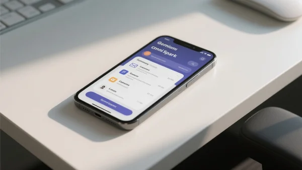 Smartphone posé sur un bureau avec l'interface Gemini Spark ouverte, montrant un résumé d'emails et des notifications de calendrier, éclairage naturel de bureau
