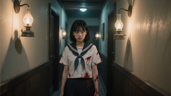 Héroïne lycéenne en uniforme scolaire taché de sang traversant un couloir de bois sombre dans un Japon des années 1960, lampes à huile vacillantes, ombres déformées sur les murs