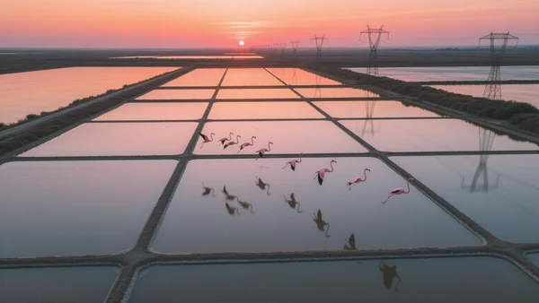 Vue aérienne des marais salants de Camargue avec flamants roses en vol, lignes électriques en arrière-plan, coucher de soleil doré