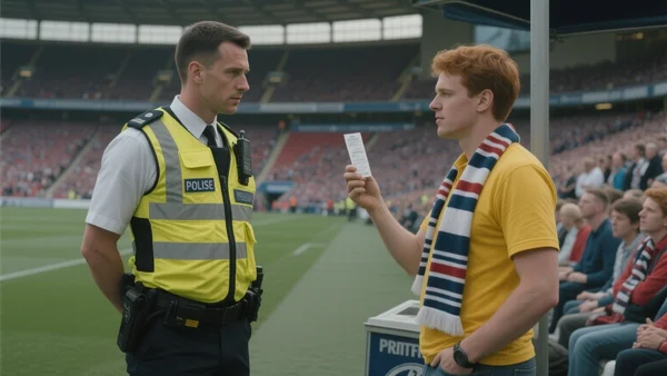 Supporters de football anglais dans un stade, un policier en gilet jaune discutant avec un homme qui montre un billet, ambiance ordonnée et lumineuse