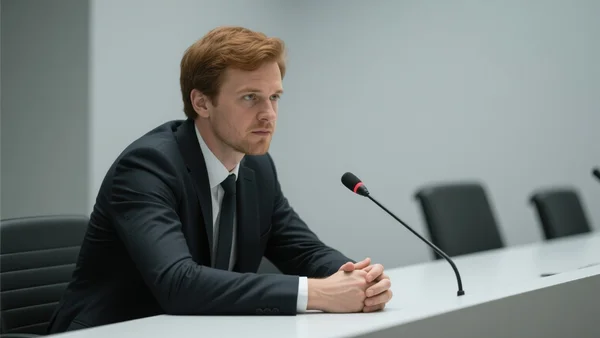 Plan serré d'un homme en costume sombre, assis à une table de commission parlementaire, micro devant lui, éclairage froid de salle institutionnelle