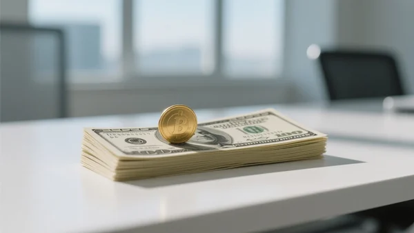 Gros plan sur une pile de billets de banque américains et une pièce de monnaie en or posée dessus, sur un fond de bureau moderne et épuré, lumière naturelle et vive