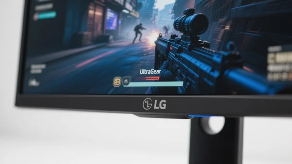 Gros plan sur l'écran d'un moniteur LG UltraGear 25G590B affichant un jeu de tir compétitif, avec le logo LG visible sur la bordure inférieure, éclairage LED bleu, ambiance gaming