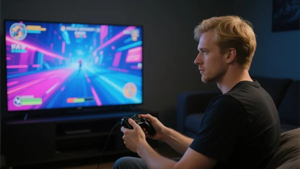 Vue de profil d'un joueur tenant une manette de jeu devant un grand téléviseur dans un salon sombre, l'écran affichant un jeu d'action coloré avec une lumière vive se reflétant sur le visage du joueur