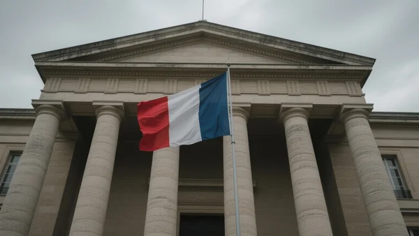 Façade austère d'un palais de justice français avec des colonnes de pierre et un drapeau tricolore flottant au vent, ciel gris menaçant
