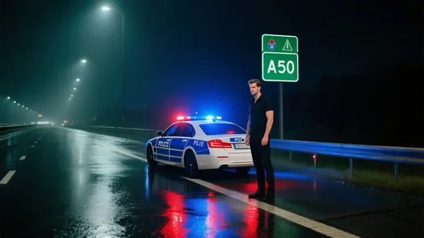 Gyrophares bleus et rouges d'une voiture de police sur le bas-côté d'une autoroute de nuit, bitume mouillé, panneau A50 visible