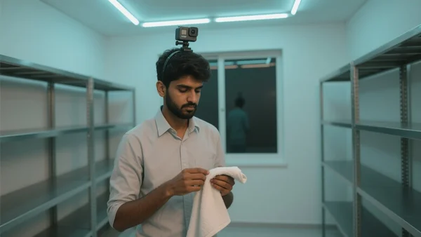 Jeune ingénieur indien portant une GoPro sur la tête, pliant une serviette blanche dans une pièce sans fenêtre éclairée par un néon, étagères métalliques en arrière-plan