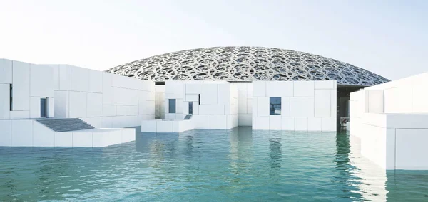 Vue du musée du Louvre Abu Dhabi, avec son dôme emblématique et son architecture sur l'eau.