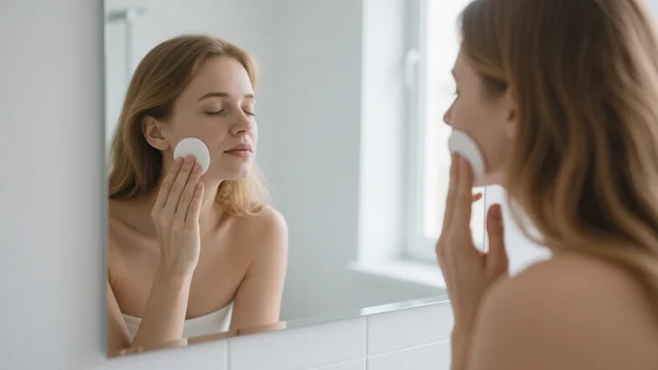 Femme se démaquillant le visage avec un coton devant un miroir dans une salle de bain, lumière naturelle