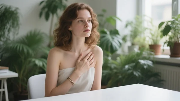 Personne assise à un bureau posant la main sur sa poitrine, bracelet au poignet, expression concentrée et calme, lumière naturelle tamisée, fond de plantes vertes