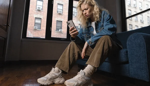 Portrait d'une jeune femme déçue tenant un iPhone, lumière tamisée, expression frustrée