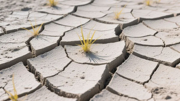 Vue rapprochée d'une terre agricole craquelée et sèche sous un soleil éclatant, avec quelques brins d'herbe jaunis