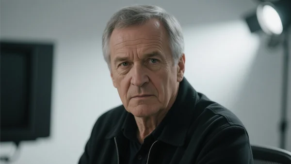 Portrait en gros plan d'un homme d'une soixantaine d'années aux cheveux gris, regard intense et déterminé, vêtu d'une veste sombre, assis dans un studio télé, lumières de plateau tamisées