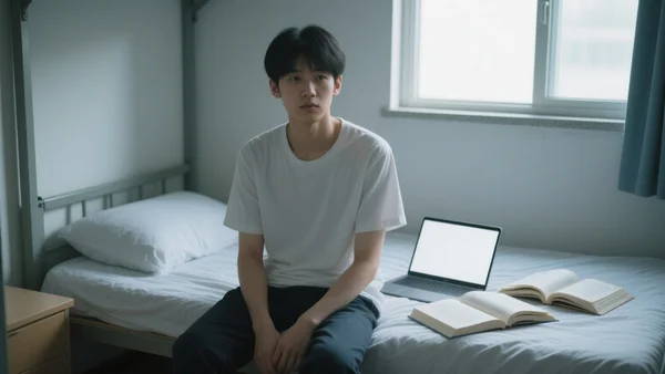 Une personne seule, assise sur un lit dans une chambre d'étudiant, le regard vide et les épaules affaissées, entourée de livres de cours ouverts et d'un ordinateur portable allumé, lumière naturelle et mélancolique provenant d'une fenêtre