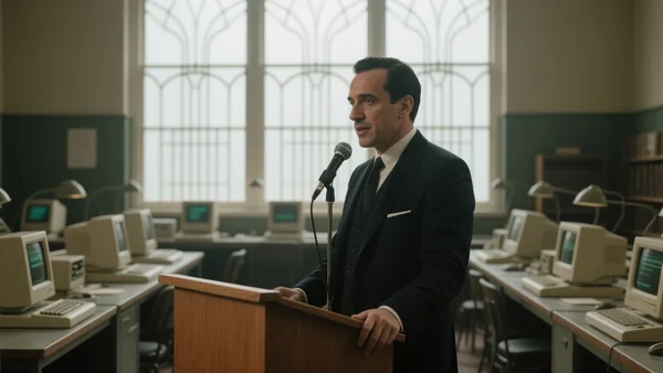 Premier plan d'un homme en costume sombre parlant dans un micro sur une estrade en bois, derrière lui une grande fenêtre Art déco et des tables couvertes de vieux ordinateurs dans la salle de Bletchley Park, lumière tamisée