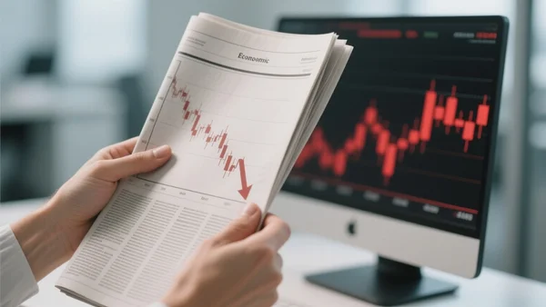 Premier plan d'une main tenant un journal économique avec un graphique en forte baisse, arrière-plan flou d'un bureau moderne avec écran d'ordinateur affichant des chiffres rouges