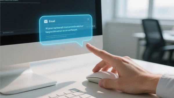Main d'utilisateur cliquant sur une souris devant un écran où une bulle d'assistant IA surligne du texte dans un email, ambiance lumineuse de bureau