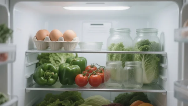 Un frigo ouvert rempli de légumes frais, d'œufs et de bocaux en verre, lumière blanche et nette, vue de face