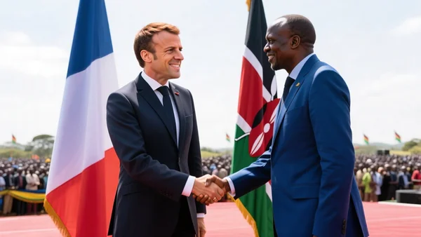 Emmanuel Macron serrant la main de William Ruto sur une estrade à Nairobi, drapeaux français et kényans en arrière-plan, foule de participants, lumière du jour