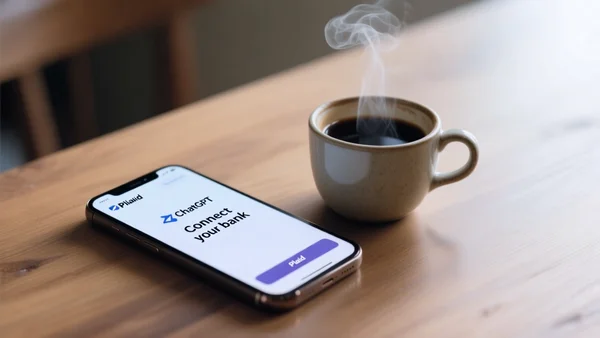 Smartphone posé sur une table avec l'interface ChatGPT affichant 'Connect your bank' et le logo Plaid, une tasse de café à côté, lumière naturelle tamisée